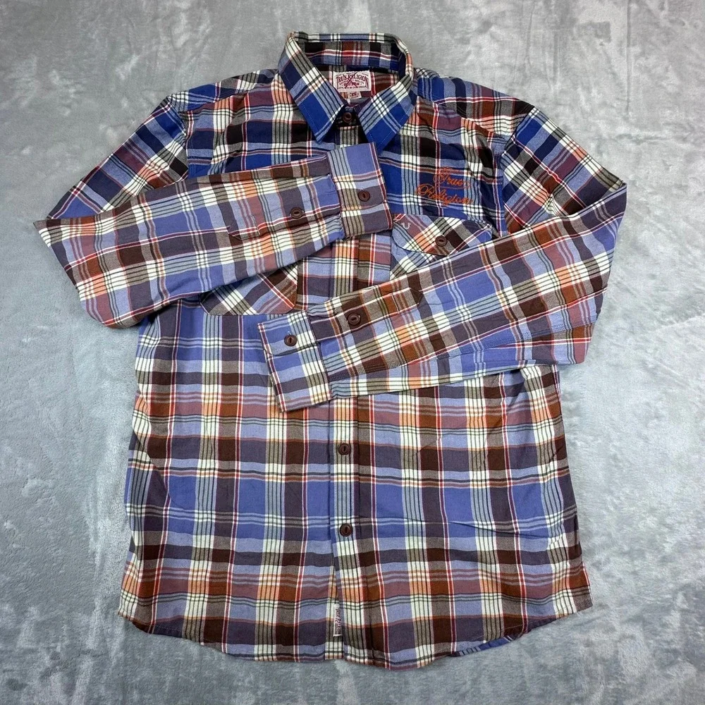 True Religion Service Co‎ Flannel Shirt XL Blue Plaid Back Graphic Embroidered